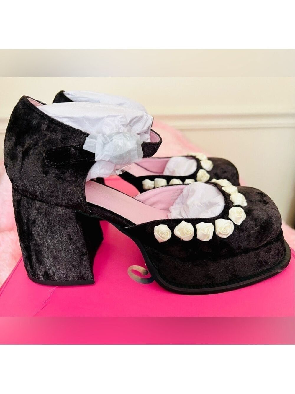 Sugar Thrillz Black Velvet Rose Platform Mary Janes - Picture 8 of 16